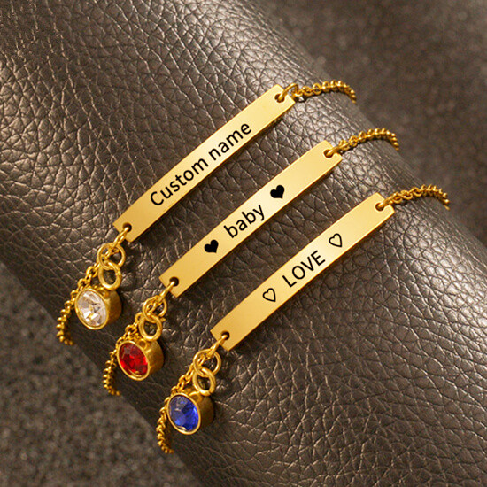 Gold plated name and birthstone jewelry suppliers personalized bracelet with engraved plate manufacturers